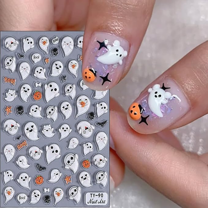 2Sheets 5D Cute Ghost Nail Art Stickers Embossed Cartoon Skull Bat Pumpkin Nail Decals Spooky Halloween Nail Stickers Fall Holiday Nail Design Decals Decoration for Women DIY Manicure Supplies