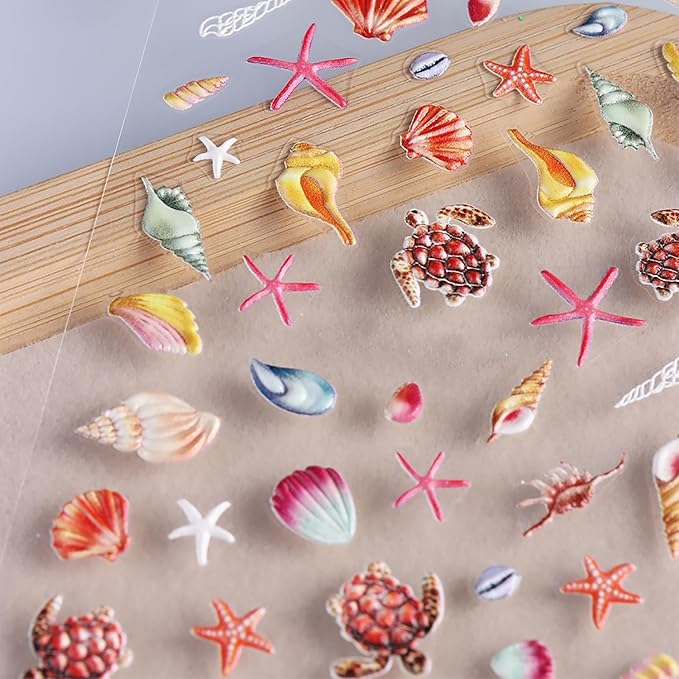 1 Sheets Summer Nail Stickers for Nail Art 5D Embossed Conch Starfish Nail Decals Ocean Beach Nail Art Stickers Self-Adhesive Sea Turtles Seashell Nail Design Decals for Women Acrylic Nails Supplies