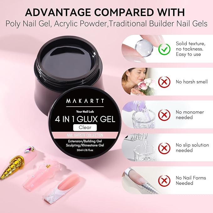 Makartt 3D Gel Nail Art: 50g 3D Nail Gel Clear Non-sticky 3d Sculpting Gels, 4-in-1 Solid Gels Builder for Extension, UV Glue for Acrylic Tips, Rhinestones & 3d Carving for Home Salon DIY