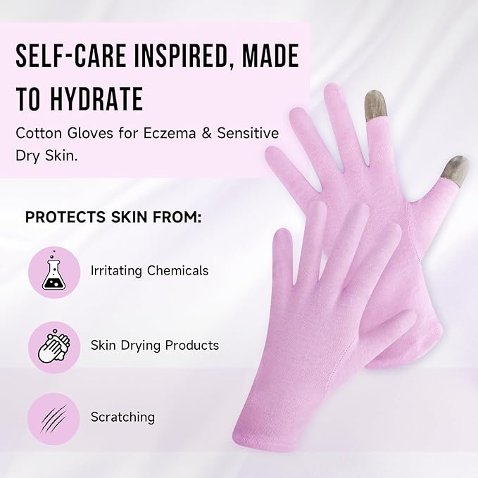HandLove Premium 100% Cotton Gloves | Moisturizing Gloves for Dry Hands & Eczema | Overnight Sleeping Gloves, Eczema Gloves | Touchscreen | Touch Purple, 12 Pairs
