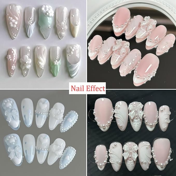 12Grids Pearls Nail Charms Nail Art Rhinestones for Acrylic Nails 3D Multi Sizes Half Round Pearl Nail Charms White Flat Back Design Nail Jewelry for Women DIY Nail Art Crafts Decoration Supplies