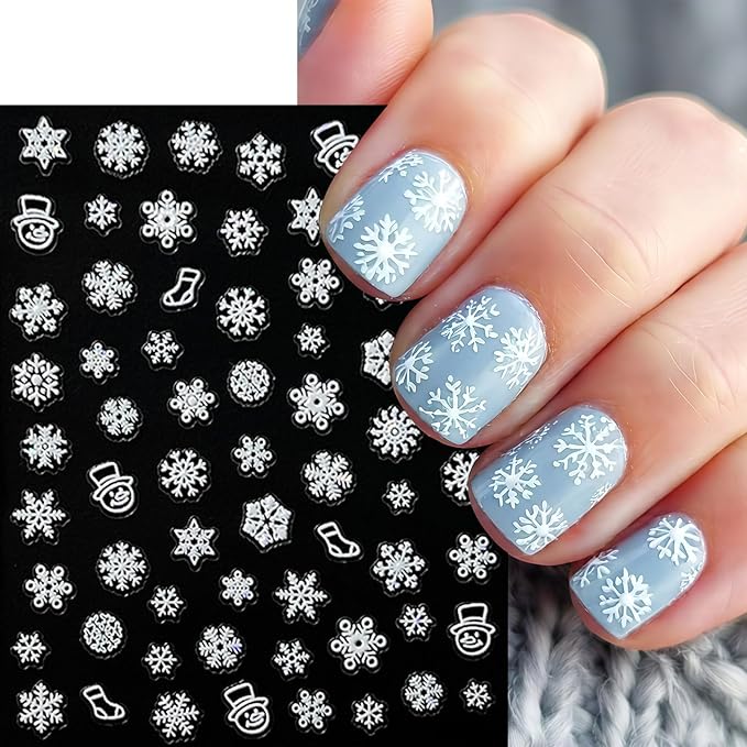 6 Sheets Snowflake Nail Stickers 5D Embossed Christmas Snow Nail Art Stickers Self Adhesive Winter Snowflake Nail Decals Snowmen Star Christmas Nails Decoration Supplies for Women Holiday Manicure