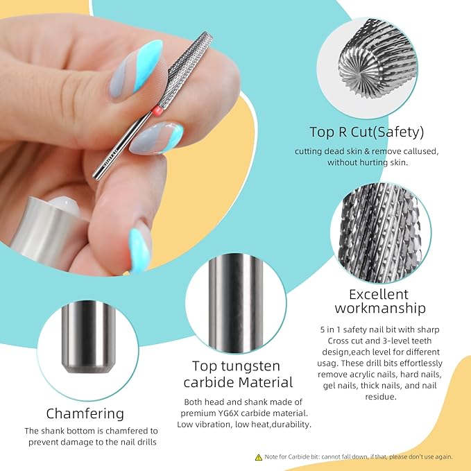 24mm Super Long 5 in 1 Nail Drill Bits, Cross Tapered Carbide Bit, 3/32" Two-way Rotate Drill Bits for Nails, Remove Acrylic Nails/Gel, Electric File Tool Drills Manicure Accessories (F)