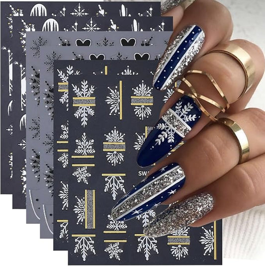 Christmas Nail Art Stickers Decals Snowflake Nail Decals 6PCS White Black Snowflake Gold French Stripe Tips Heart 3D Self-Adhesive Christmas Nail Stickers for Women Holiday DIY Nail Art Decorations