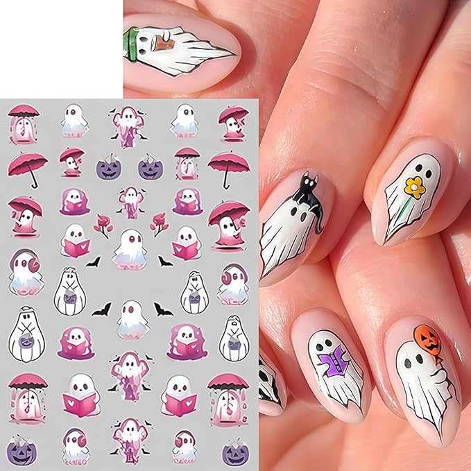 8 Sheets Halloween Nail Art Stickers Cute Flower Ghost Pumpkin Nail Decals Spooky Ghost Spider Web Bats Nail Design Stickers Floral Star Moon Nail Art Supplies for Women Holiday Nail Art Decorations