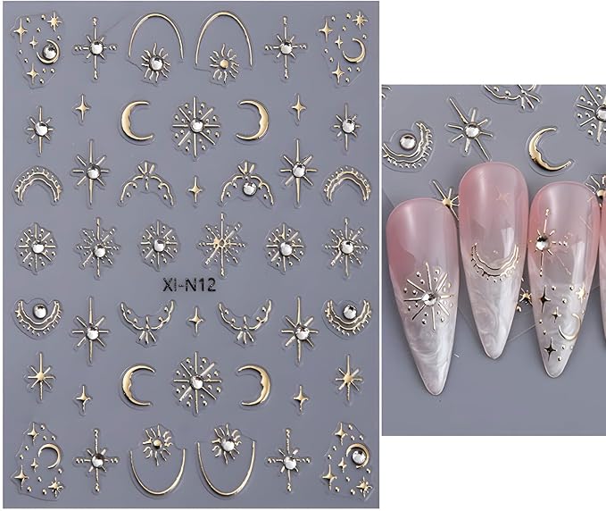 Gold Star Nail Art Stickers Decals Moon Nail Decals 5D Embossed Glitter Rhinestones Nails Design Stickers Gold Nails Supplies for Women Nail Art Decorations