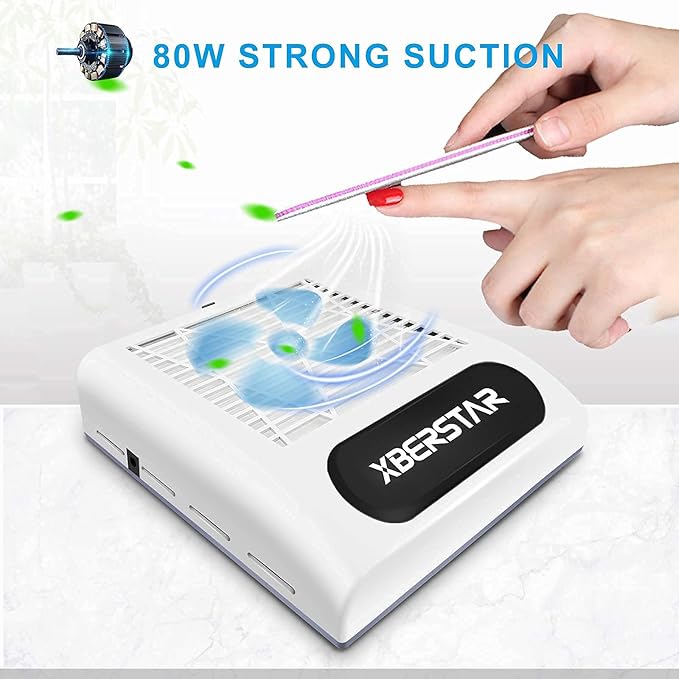 XBERSTAR Nail Dust Collector,80W Electric Powerful Vacuum Cleaner for Acrylic Gel Nails,Manicure recolector de polvo para uñas