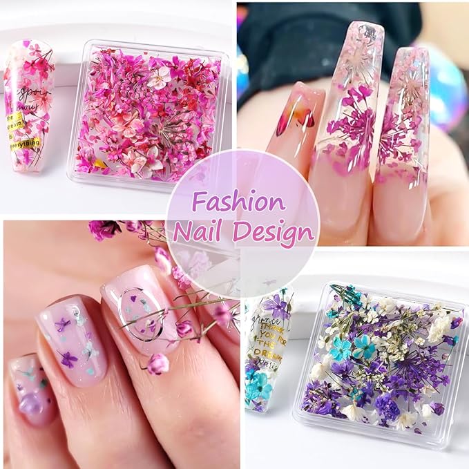 8 Boxs Dried Flowers for Nail Art,Colorful Mini Real Natural Flowers Nail Art Supplies,3D Gypsophila Floral Mixed Tiny Petals Decoration Kits for Resin Jewelry DIY Crafts Manicure Accessories