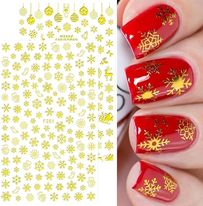 10 Sheets Christmas 3D Nail Art Decals - Gold White Snowflake Santa Claus Snowman Buffalo Plaid Reindeer Winter Xmas Stickers for Women Girls Nail Decorations