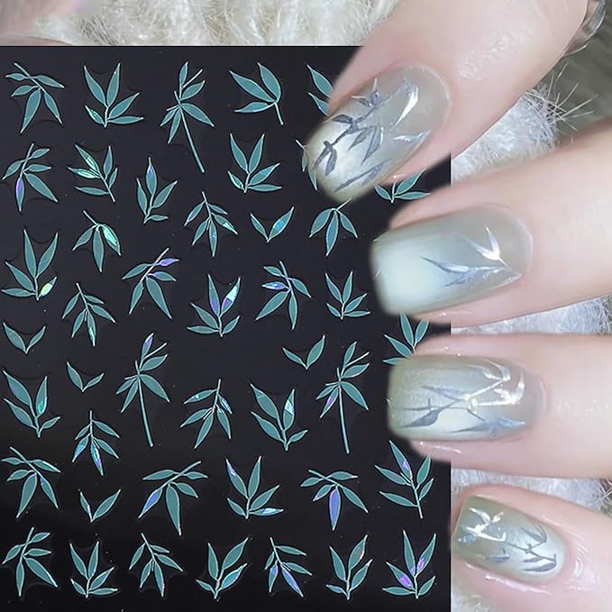 5 Sheets Fall Nail Stickers Colorful Bamboo Leaf Nails Decals 3D Self Adhesive Orange Blue Green Silver Gold Nails Design Autumn Nail Art Stickers Fall Leaves Sticker for Women Manicure Supplies