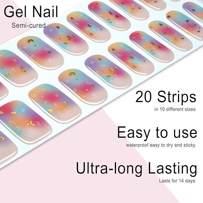 Semi Cured Gel Nail Strips, 20pcs Real Nail Polish Art Stickers, Rainbow Mist Gel Nail Stickers - Work with Any UV Lamp, Long Lasting Full Wraps with Nails File and Stick