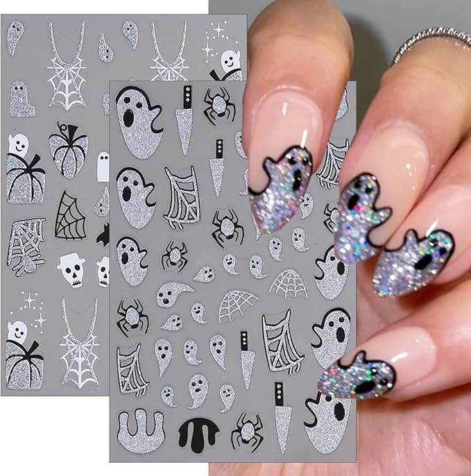 5 Sheets Halloween Nail Art Stickers 3D Self-Adhesive Gold Silver Halloween Nail Decals Glitter Pumpkin Spider Web Bat Ghost Nails Stickers Holiday Nails Art Supplies for Women DIY Manicure Art Kit