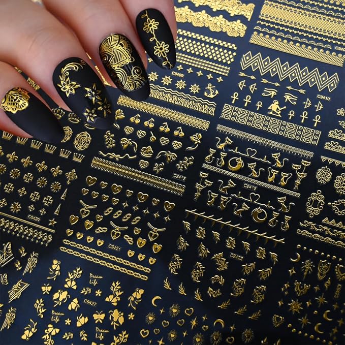 30 Sheets Gold Nail Art Stickers 3D Self-Adhesive Gold Lace Cat Flower Star Moon Heart Nail Decals 3D Gold Retro Hollow Nail Stickers Nail Art Design for Women DIY Acrylic Nails Decoration
