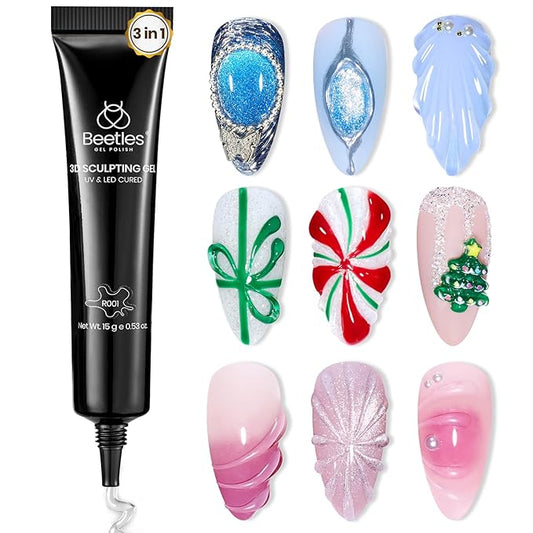 Beetles 3D Gel Nail Art, 1Pcs 15ml Sculpting Gel 3 in 1 Clear No Wipe Nail Polish Rhinestone Art Glue for Nail Gems Diamond Jewelry U V LED Lamp Needed DIY Home Salon Christmas Nails Gifts for Women