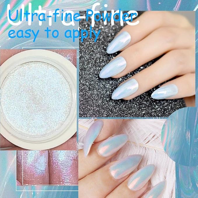 evpct 3Pcs Chrome Nail Powder Kit for Nails Polish Blue Pink Green Pearl Mermaid Rainbow Holographic Iridescent Chameleon Metallic Neon Pigment Mirror Chrome Nail Powder for Gel Nails Glitter
