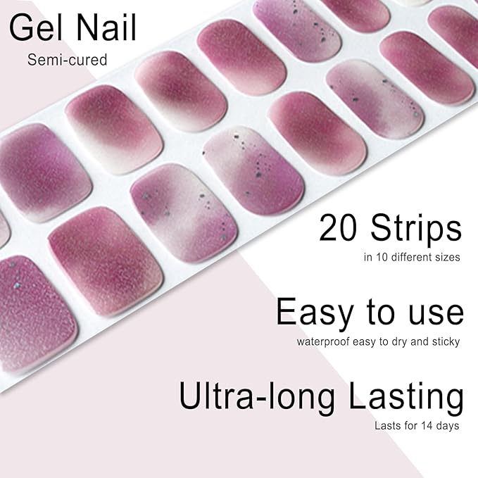 Semi Cured Gel Nail Strips, 20pcs Real Nail Polish Art Stickers, Purple Cloud Gel Nail Stickers - Work with Any UV Lamp, Long Lasting Full Wraps with Nails File and Stick