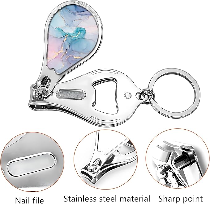 Nail Clipper Set with Keychain 2 Pack Toenail Clippers with Jar Opener Multifunction Nail Cutter for Men-Dorm Room Essentials,Gift for Thanksgiving,Halloween,Travel Essentials(Marble)