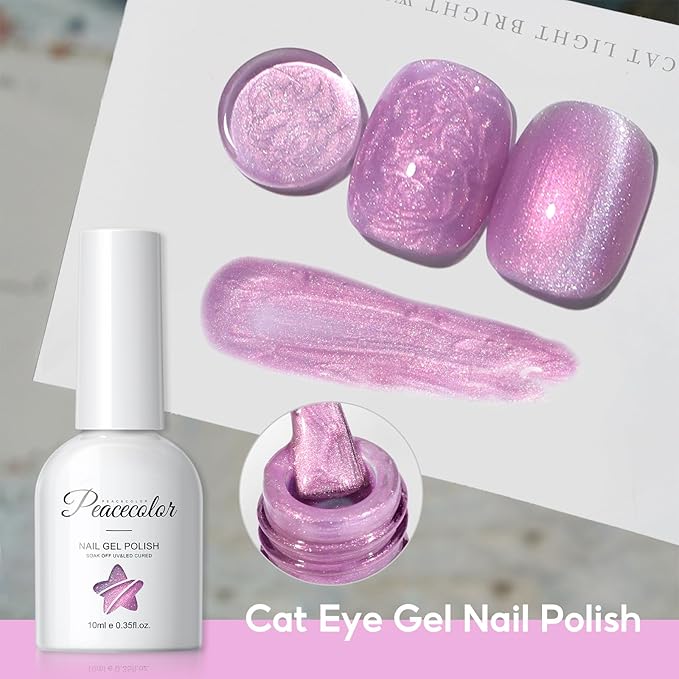 Peacecolor Cateye Gel Polish Shimmer Pearl Nail Polish with Magnet Pink Purple Blue Glitter 6 Colors Cat Eye Magnetic Nail Polish Iridescent Chrome Mermaid Drawing Swirl Shell Thread Effect DIY Gifts