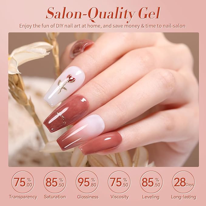Born Pretty Jelly Burgundy Gel Nail Polish Fall Winter Jelly Blood Wine Red Brown Nude Purple Halloween Translucent Sheer Gel Polish Set Nail Art Varnish Manicure 6PCS