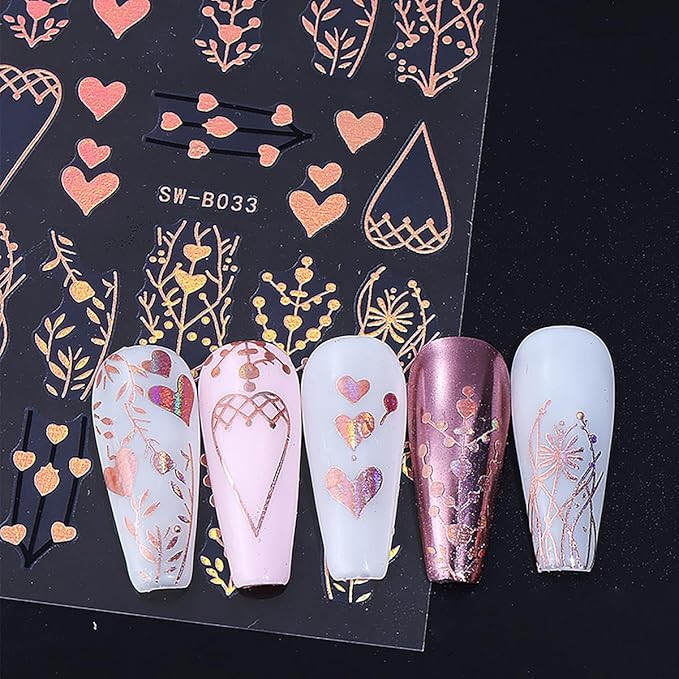Fall Nail Art Stickers for Thanksgiving, Rose Gold Tree Nail Decals 3D Self-Adhesive with Leaves Heart Design 4Pcs Gold Leaves Tree Heart Nail Art Supplies for Women Nail Decoration