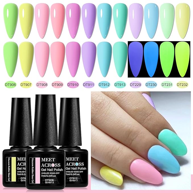 MEET ACROSS 12PCS Gel Nail Polish Set, 12 Colors Gel Nail Kit Art Design Soak Off UV LED,Nail Art Design Gifts for Women (SET-12, 12PCS)