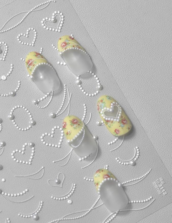 Rhinestones Pearls Nail Stickers 5D Embossed – Premium Salon-Quality Nail Charm Accessories, Easy Application & Self-Adhesive Pearl Chains for DIY Manicure, Nail Art, Press on, Home or Salon Use