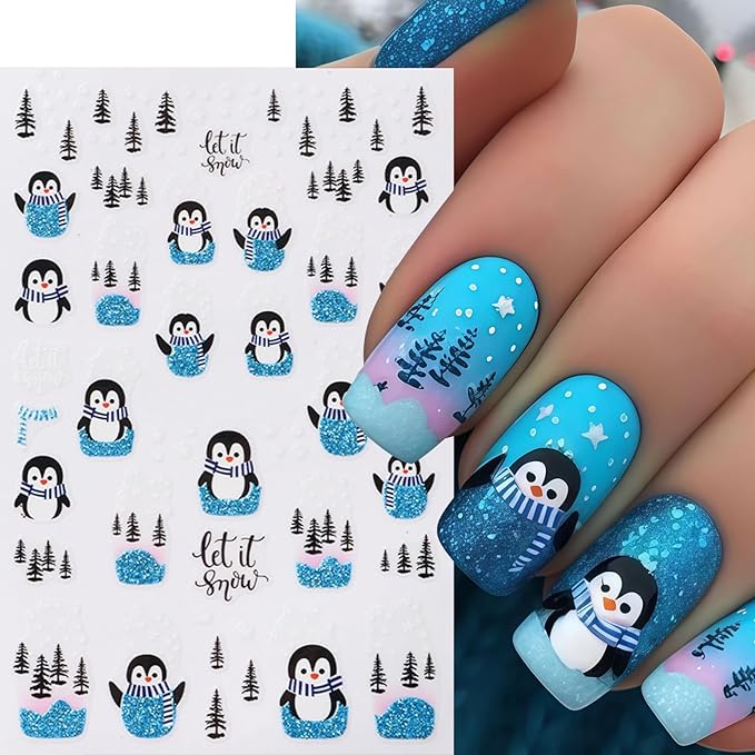 6 Pcs Christmas Nail Art Stickers 3D Self-Adhesive Glitter Christmas Snowflake Elk Blue Penguin Nail Decals Winter Christmas Tree Nail Design Red Glitter Elk Nails Supplies for Women DIY Manicure