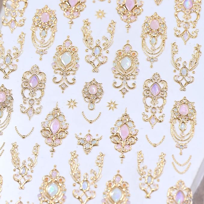 1 Sheets Gold Nail Stickers for Nail Art Holographic Laser Embossed Nail Art Stickers Gems Designs Nail Decals 5D Self-Adhesive Summer Fall Nail Decoration for Women Nail Supplies