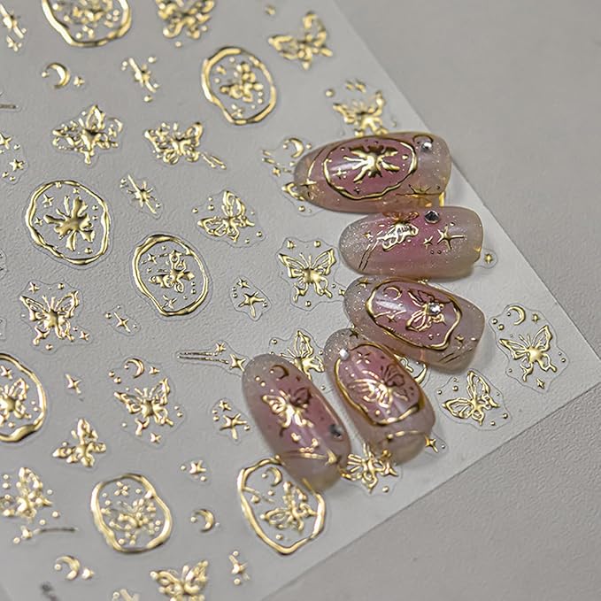 5D Embossed Gold Nail Stickers Butterfly Nail Art Stickers Self-Adhesive Bronzing Butterflies Star Nail Decals Gold Nails Design Manicure Decorations for Women Girls DIY Nail Supplies 1Pcs