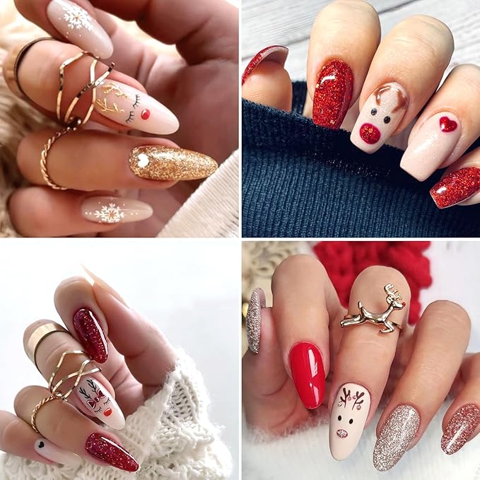 2Sheets Cute Christmas Nail Art Stickers 3D Xmas Elk Design Nail Decals Red Glitter Heart Lines Nail Stickers Self-Adhesive Cute Deer Nail Decal White Star Snowflake Nail Sticker for Women Nails Decor