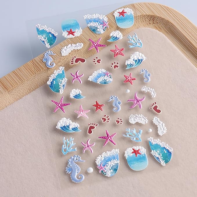 1 Sheets Ocean Style Nail Decals for Nail Art Embossed Coral Seahorse Starfish Nail Art Stickers Summer Beach Nail Stickers 5D Self-Adhesive Sea Waves Nail Decoration for Women Nails Designs