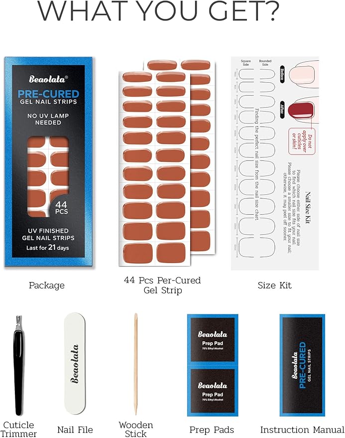 Pre Cured Gel Nail Strips - 44PCS Salon Quality Gel Nail Stickers - Long Lasting Polish Wraps for Women no UV Light Needed Easy Apply& Remove (Walnut Brown)