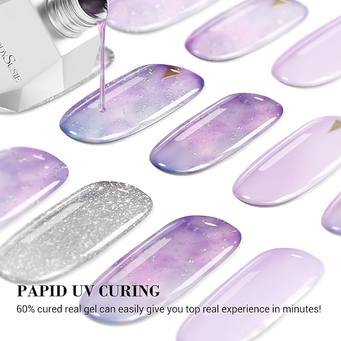 MelodySusie Semi Cured Gel Nail Strips (Dreamy Purple), 20 PCS Gel Nail Stickers, Silver Glitter Gel Nail Wraps, UV Light Required, Durable and Salon Quality