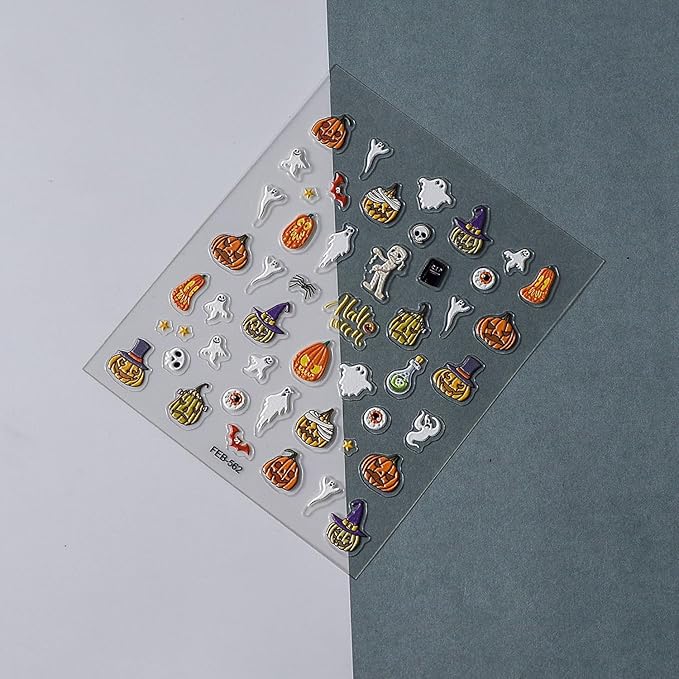 5D Embossed Halloween Nail Stickers Decals, Self-Adhesive Cute Ghost Pumpkin Nail Decals, Halloween Nail Art Stickers for Women Holiday DIY Manicure Decoration Accessories Supplies 1 Sheets