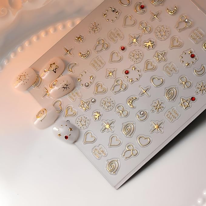 Gold Nail Art Stickers Bow Star Nail Stickers 5D Self-Adhesive Nail Decals with Rhinestones Design Gold Heart Moon Nail Supplies Decoration Accessories for Women and Girls