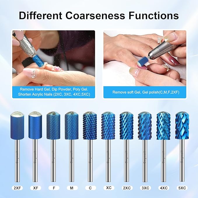 3/32" Large Barrel Smooth Round Top Tungsten Carbide Nail Drill Bit Safety Bit for Gel & Acrylic Removal, 2-Way Rotating Efile Tip, Salon Electric File Accessory (C Grit, Blue)