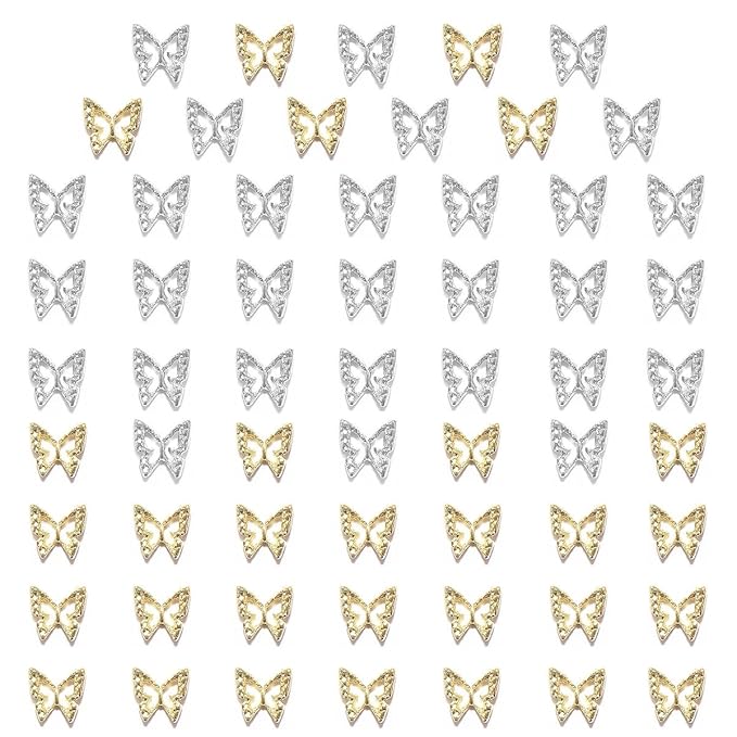 60pcs Bulk 3D Golden & Silver Butterflies Charms for Acrylic Nails & DIY Crafts