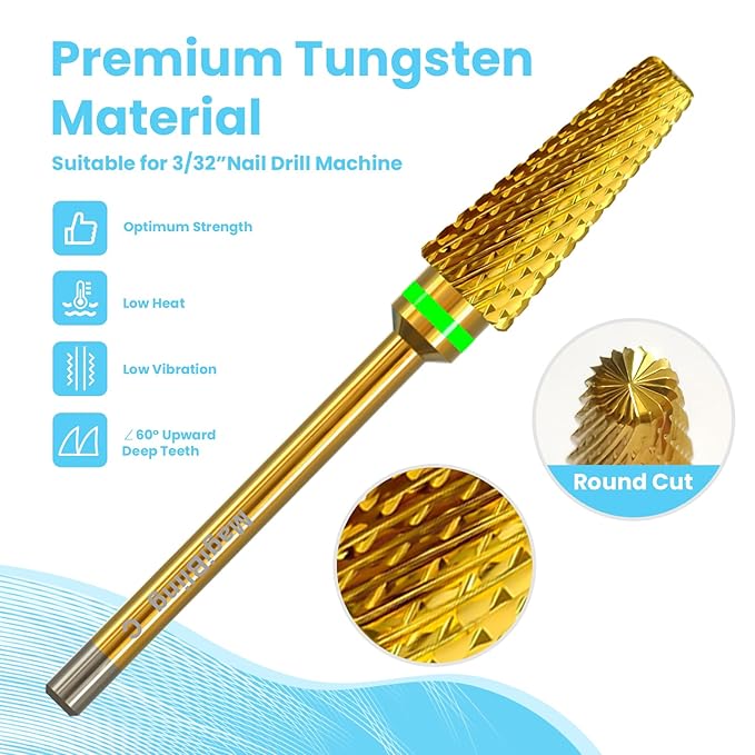 Super Cut 5 In 1 Nail Drill Bits，Tapered 3/32'' Safety Tungsten Bits, Upward Cut for Hard Gel Removal, Right Hand Use, Manicure Cuticle Gel Polishing, Technicians Bits, Gold, Coarse.