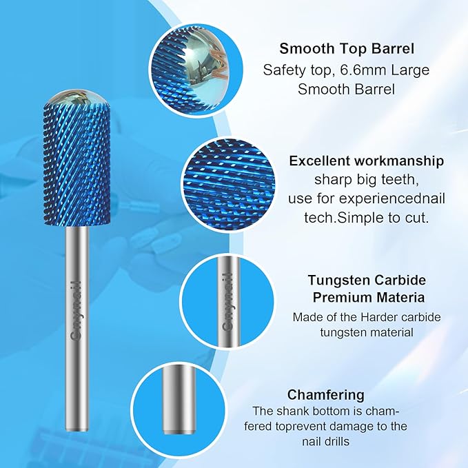 3/32" Large Barrel Smooth Round Top Tungsten Carbide Nail Drill Bit Safety Bit for Gel & Acrylic Removal, 2-Way Rotating Efile Tip, Salon Electric File Accessory (M Grit, Blue)