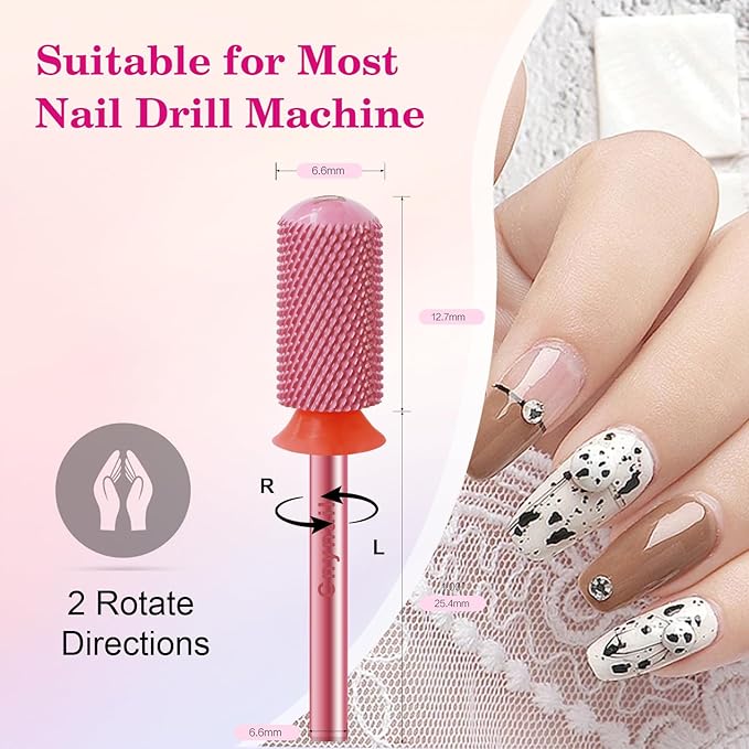 3/32" Large Barrel Smooth Round Top Tungsten Carbide Nail Drill Bit Safety Bit for Gel & Acrylic Removal, 2-Way Rotating Efile Tip, Salon Electric File Accessory (F Grit, Rose Red)