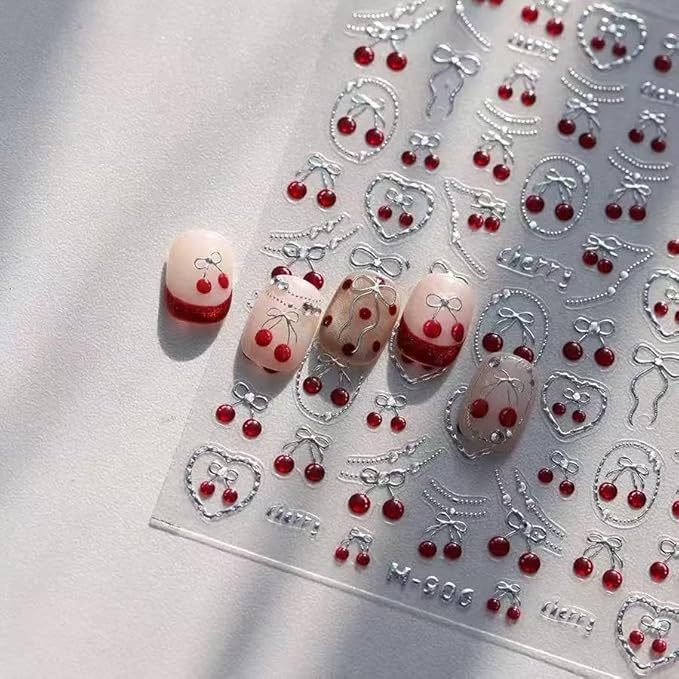 2 Sheets Red Strawberry Nail Stickers Silver Sliders Line Heart Nail Decals 3D Self-Adhesive Heart Nails Decals Cute Red Bow Design Strawberry Nails Supplies for Women Manicure