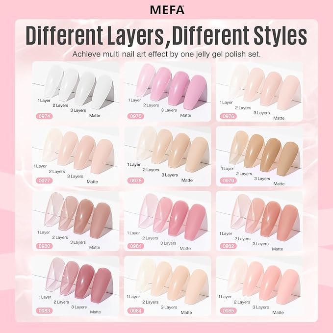 MEFA Jelly Gel Nail Polish Set, 12 Colors Nude Pink Milky White Sheer Nail Polish Neutral Transparent Gel Nail Soak Off DIY Nail Art Home Salon Manicure Gifts for Girls