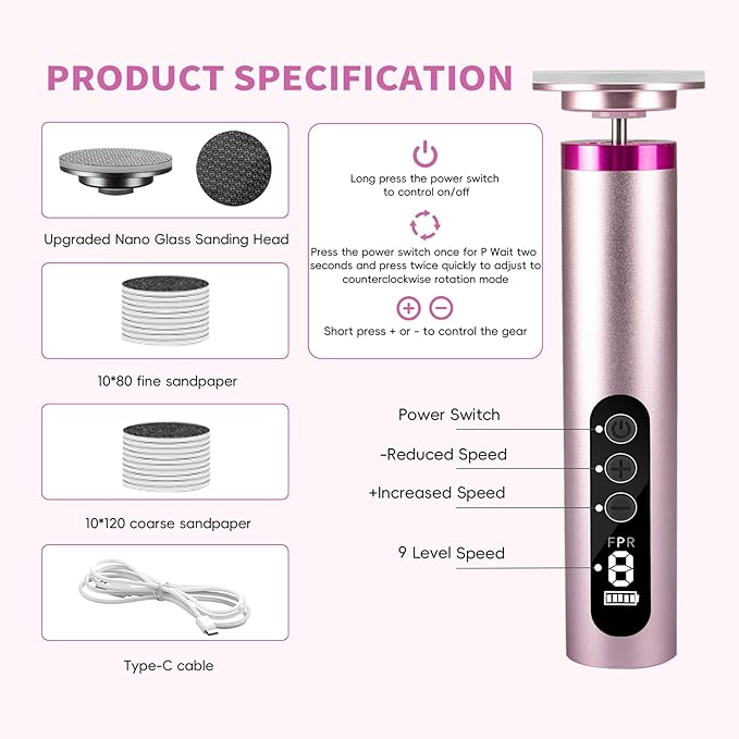 Upgrade Electric Callus Remover for Feet - Wireless Electric Foot Filer with 9 Speed Settings, Type-C Charging, Pedicure Tools for Dead Skin-Pink