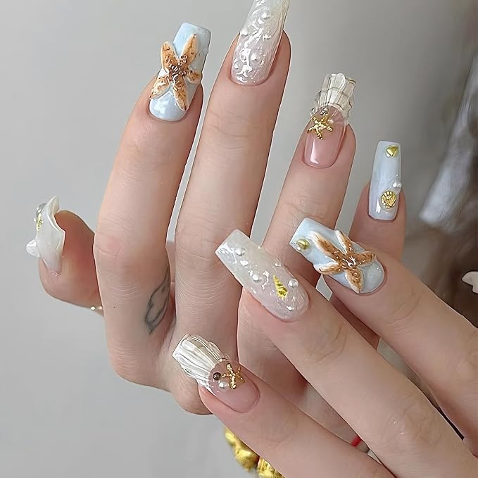 3 Boxes of Starfish Nail Charms, Ocean Nail Charms, Beach Starfish, Sea Shells, 3D Nail Gem Jewelry, Suitable for DIY Manicure (Gold*2, Silver*1)