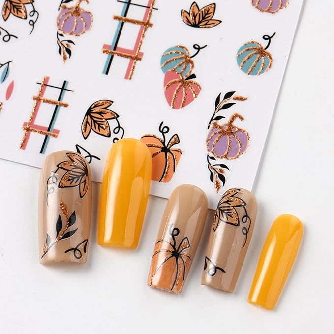 6Pcs Fall Nail Stickers for Nails Art Cute Pumpkin Nail Decals Maple Leaf Nail Art Stickers 3D Self-Adhesive Autumn Leaf Nails Supplies Thanksgiving Manicure Sliders for Women Nails Art Decorations