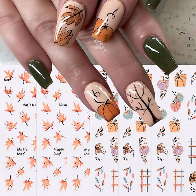 8 Sheets Fall Nail Art Stickers Autumn Maple Leaf Pumpkin Nail Sticker 3D Self-Adhesive Nail Decals Gold Glitter Plaid Pumpkin Nail Designs Thanksgiving Holiday DIY Manicure Decor Sticker for Women