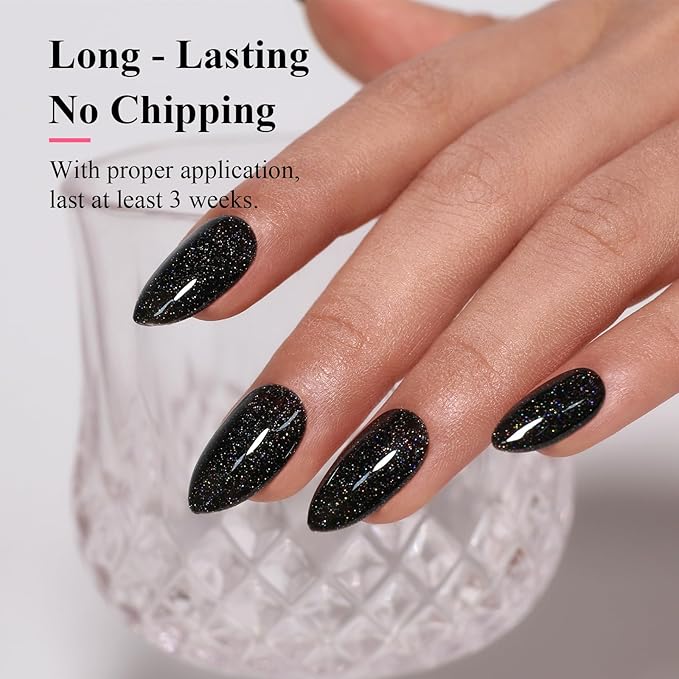 Imtiti Glitter Gel Nail Polish, 0.5 Fl Oz Black Glitter Gel Polish Soak Off LED U V Iridescent Shimmer Sparkle Nail Gel Polish DIY Nail Art Starter Manicure Salon Gel Nail Polish Kit for Women Girls