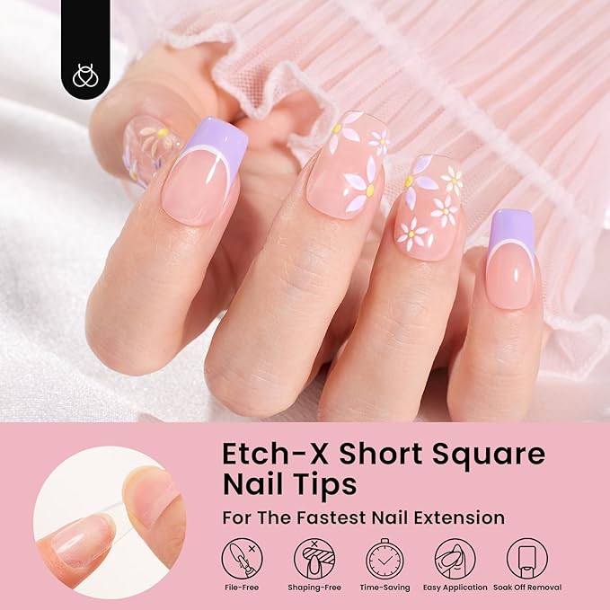 Beetles Gel Nail Tips Etch-X, Square Short, 576Pcs 12 Sizes, Pre-Shaped Half Matte Full Cover Soft Acrylic Fall False Nail Tips Easy DIY Press On Nail Extension Manicure Salon Gift for Women