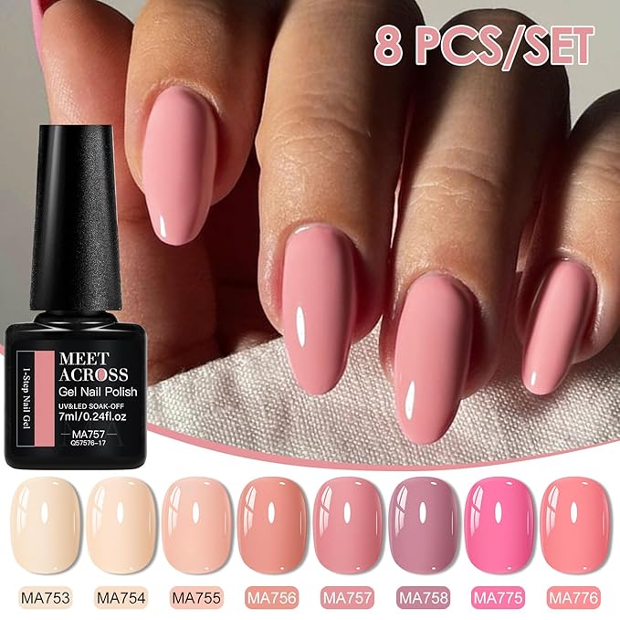 MEET ACROSS 1 Step Gel Polish Set Nail Art Manicure 3 in 1 Gel Kit Soak Off LED Gel Nail Varnishes No Need base gel top coat (Set-5, 8PCS)