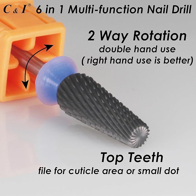 C & I Nail Drill Bit 6 in 1 Multi-function Rounded End E-file, Diamond Coat, CNC Overall Cut Nail Tools for Nail Techs Quick Remove Acrylic Nail Gels & Nail Art (Special Coat, Middle -M)
